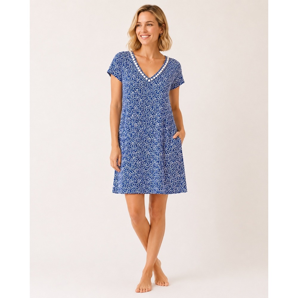 Lilly Pulitzer Etta Dress Corsica Blue Easy Peasy Pom Pom V-Neck Pima Cotton XL